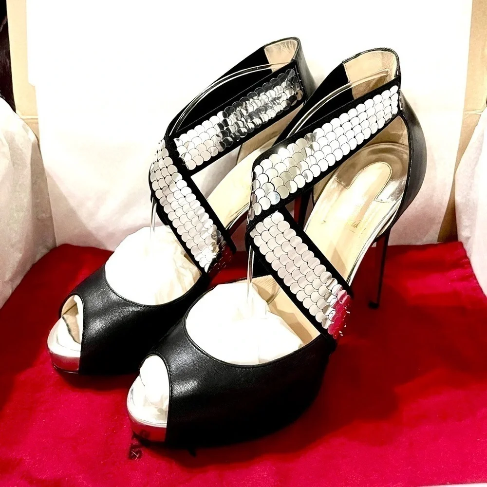 Christian Louboutin Hyper sequin cross strap peep toe Napa leather black EU39.5